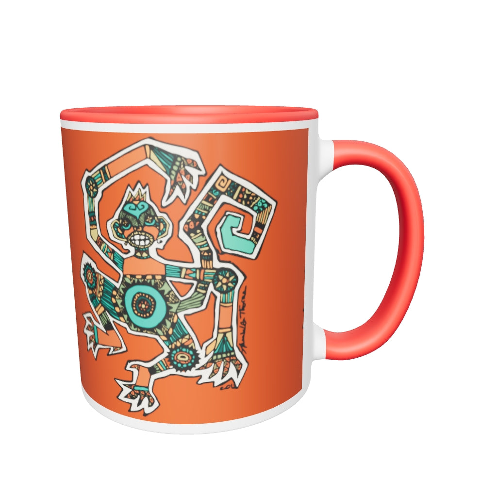 Rust Tribal Monkey Mug with Color Inside