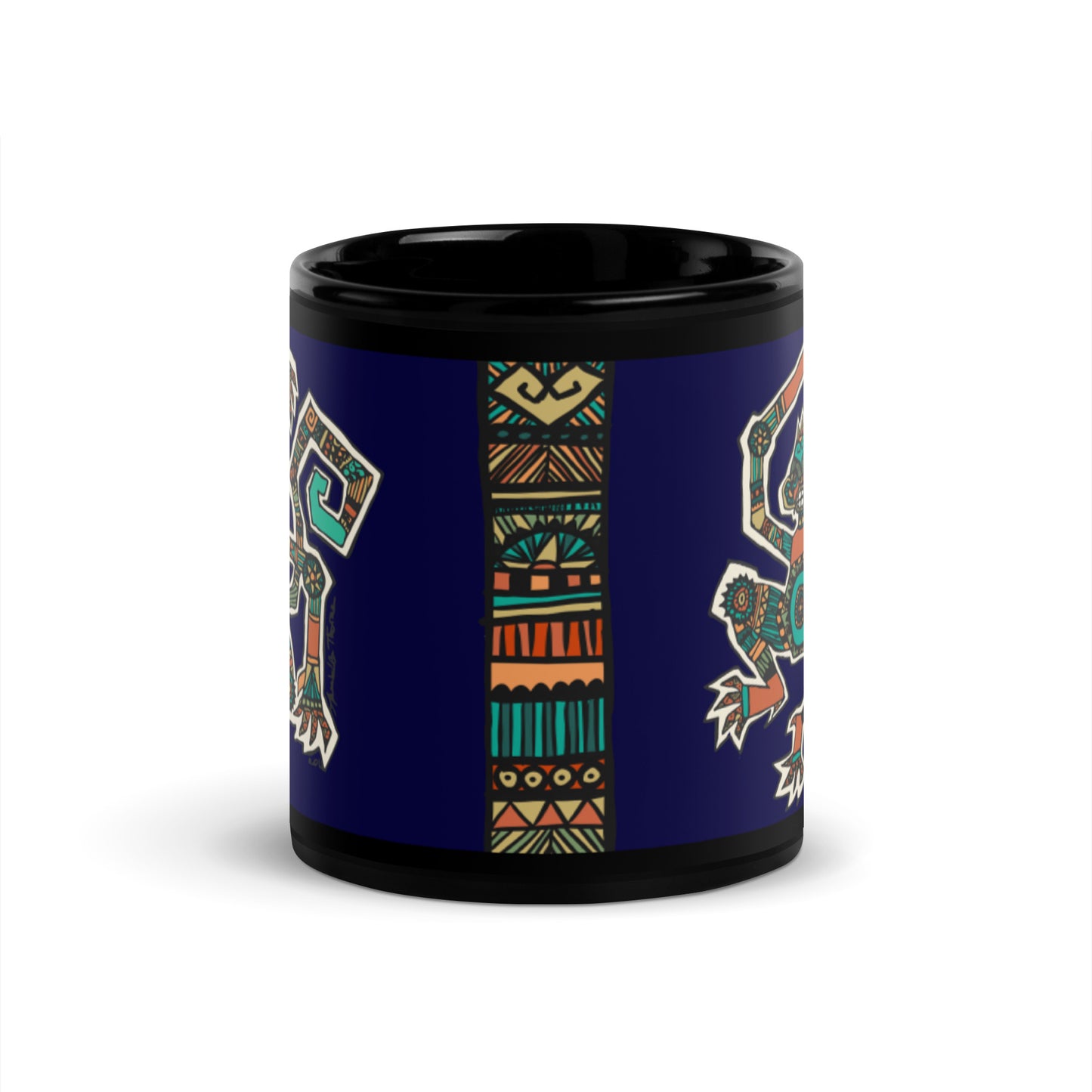 Navy Tribal Monkey Black Glossy Mug