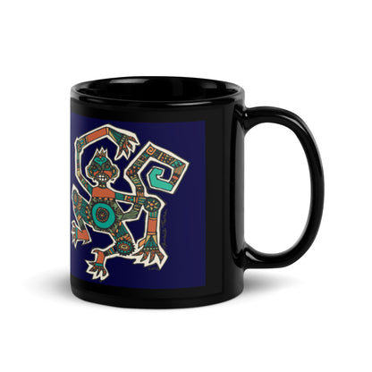 Navy Tribal Monkey Black Glossy Mug